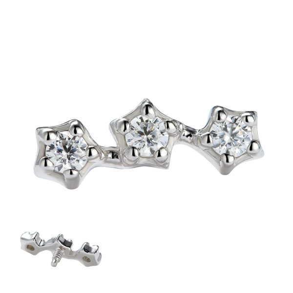 14k Solid White Gold Gemmed Three Star Cluster Internally Threaded End - Image 3