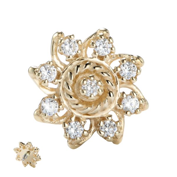 14k Solid Yellow Gold Internally Threaded Gemmed Flower End - Image 2