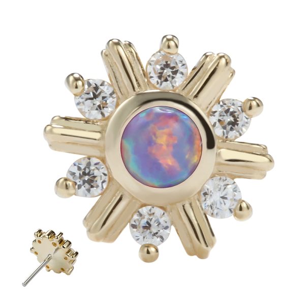 14k Solid Yellow Gold Threadless Multi-Gem Hex End with Opal Center - Image 2