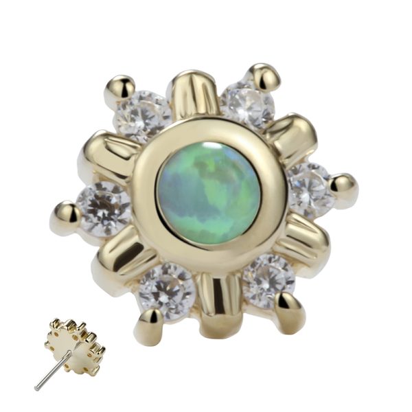 14k Solid Yellow Gold Threadless Multi-Gem Hex end with Opal Bezel Set center - Image 3