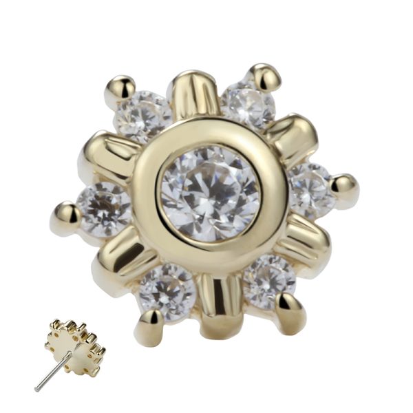 14k Solid Yellow Gold Threadless with Multi-Clear CZ Hex Flower End - Image 2