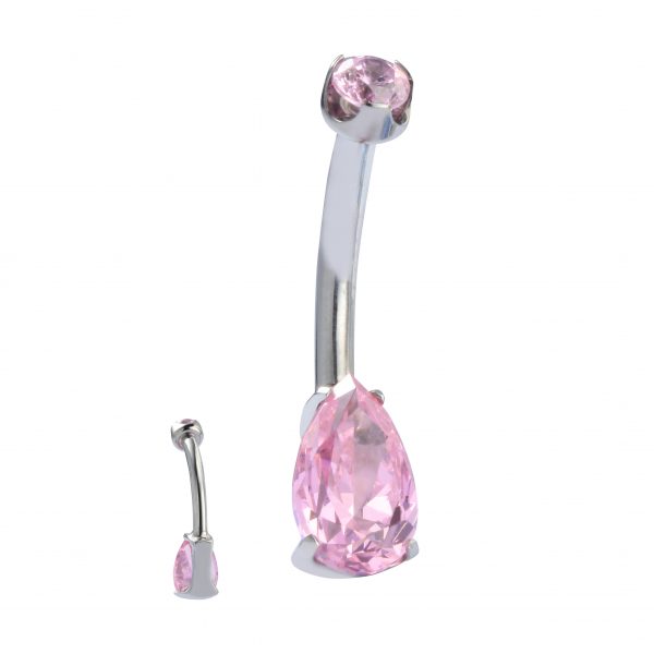 Titanium Internally Threaded Pink Teardrop Gem Navel Ring - Image 2