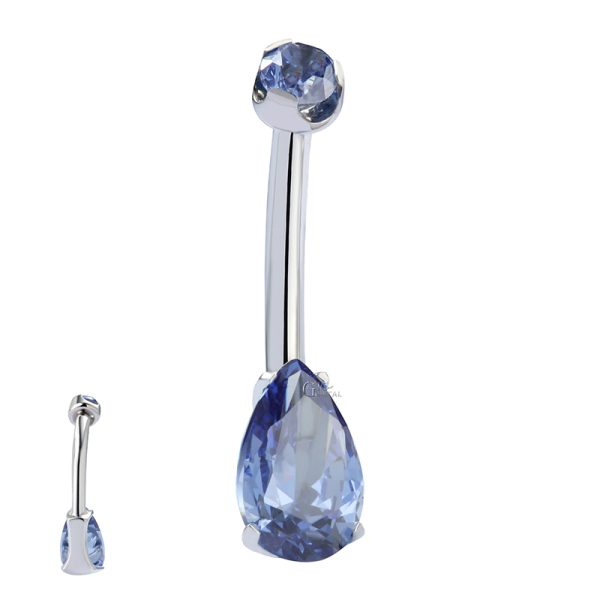 Double Jeweled Teardrop Prong Set CZ Titanium Belly Button Ring - Image 2