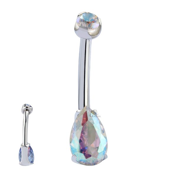 Double Jeweled Teardrop Prong Set CZ Titanium Navel Ring - Image 2