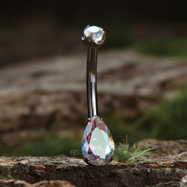 Double Jeweled Teardrop Prong Set CZ Titanium Navel Ring - Image 3