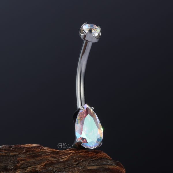 Double Jeweled Teardrop Prong Set CZ Titanium Navel Ring - Image 4