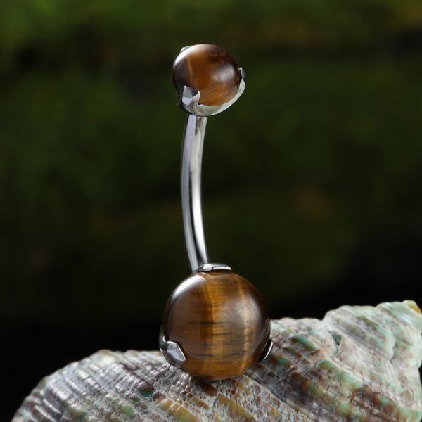 Prong Set Tiger Eye Stone Titanium Navel Ring - Image 2