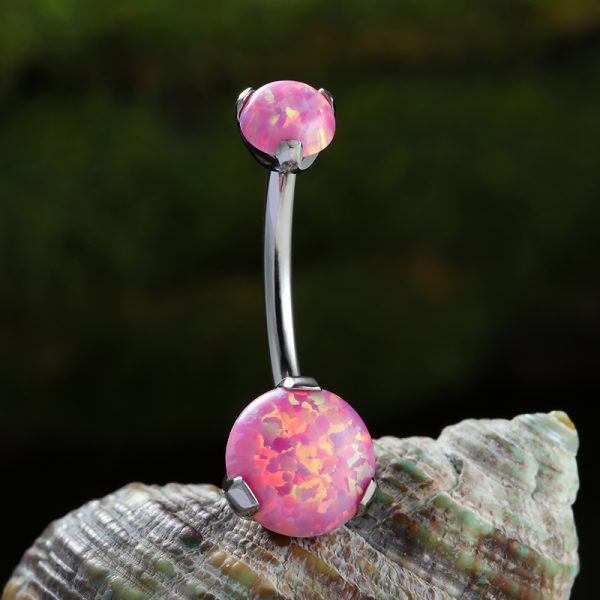 Double Threaded Prong Set Opal Titanium Navel Ring - Image 3